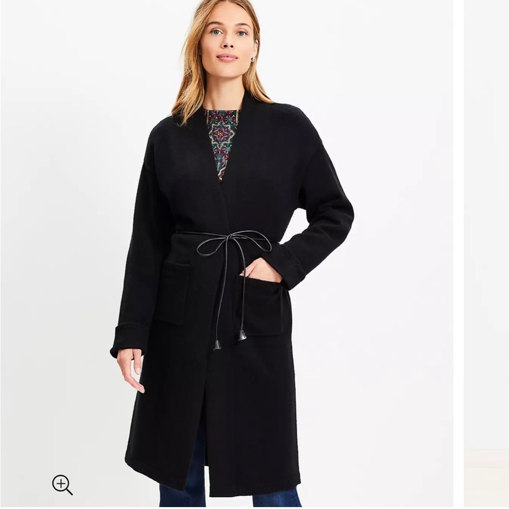 New With Tags Adorable Loft Black Faux Leather Belted Pocket Coatigan.
